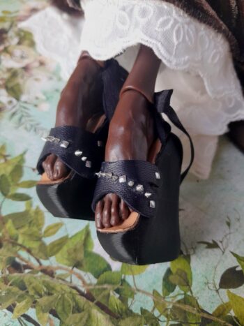 Popovy Doll"s Black Leather Summer Shoes with Spines