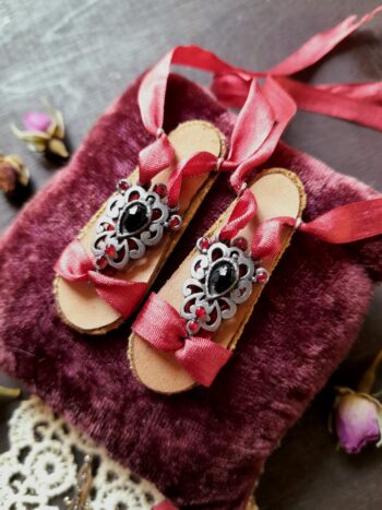 Popovy Dolls Summer Shoes • Burgundy Silk Shoes • for dolls ballet feet 1to4 scale • Marmitesue Dolls Shoes • Pushkina Doll Shoes • BJD Summer Shoe